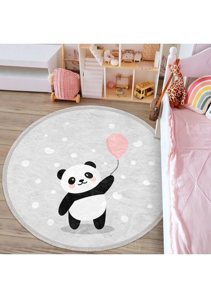 Balon Tutan Panda Desenli Çocuk & Genç Odası Makinede Yıkanabilir Kaymaz Tabanlı Püsküllü Yuvarlak Çocuk Halısı