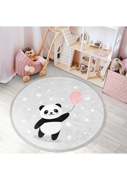 Balon Tutan Panda Desenli Çocuk & Genç Odası Makinede Yıkanabilir Kaymaz Tabanlı Püsküllü Yuvarlak Çocuk Halısı fiyatları