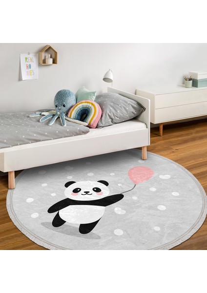 Balon Tutan Panda Desenli Çocuk & Genç Odası Makinede Yıkanabilir Kaymaz Tabanlı Püsküllü Yuvarlak Çocuk Halısı modelleri