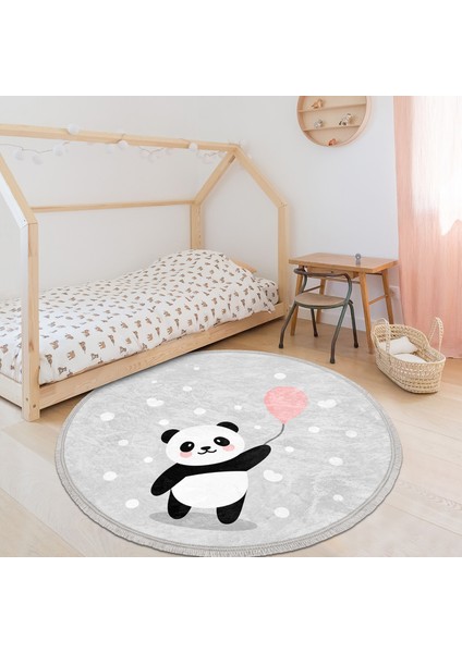 Balon Tutan Panda Desenli Çocuk & Genç Odası Makinede Yıkanabilir Kaymaz Tabanlı Püsküllü Yuvarlak Çocuk Halısı indirimleri