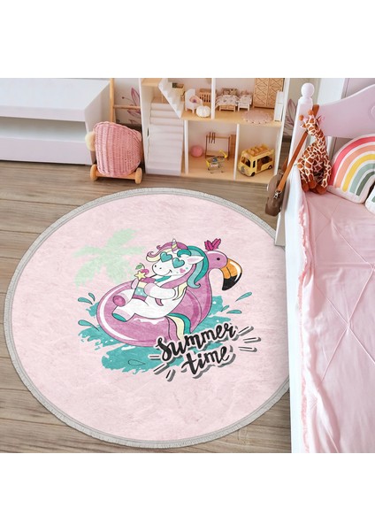 Pembe Zemin Tatil Temalı Unicorn Desenli Çocuk & Genç Odası Makinede Yıkanabilir Kaymaz Tabanlı Püsküllü Yuvarlak Çocuk Halısı