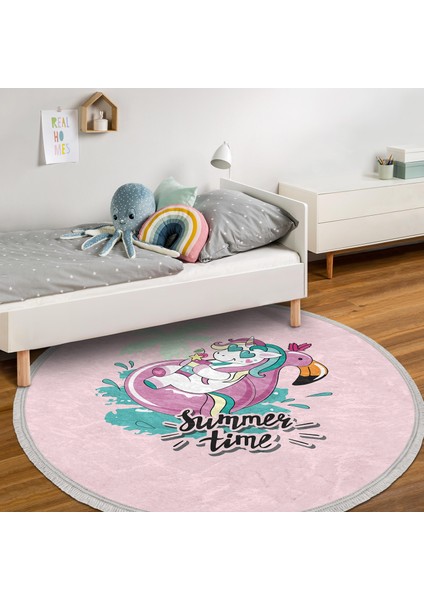 Pembe Zemin Tatil Temalı Unicorn Desenli Çocuk & Genç Odası Makinede Yıkanabilir Kaymaz Tabanlı Püsküllü Yuvarlak Çocuk Halısı fiyatları