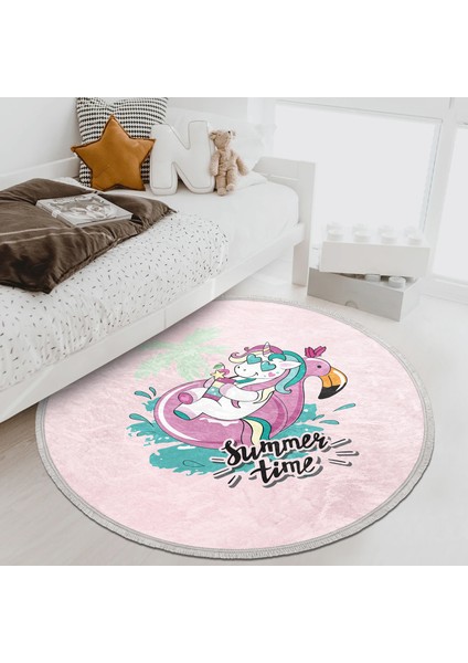 Pembe Zemin Tatil Temalı Unicorn Desenli Çocuk & Genç Odası Makinede Yıkanabilir Kaymaz Tabanlı Püsküllü Yuvarlak Çocuk Halısı modelleri