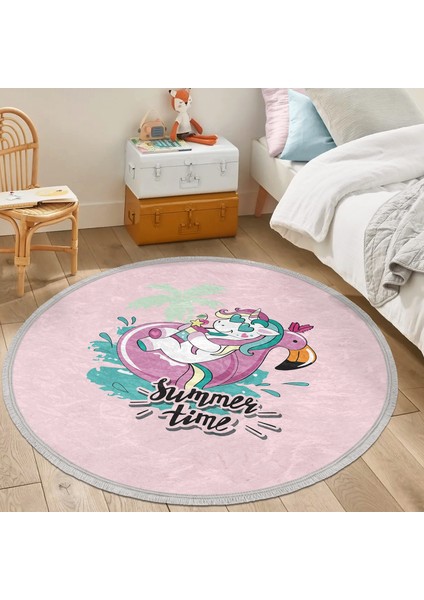 Pembe Zemin Tatil Temalı Unicorn Desenli Çocuk & Genç Odası Makinede Yıkanabilir Kaymaz Tabanlı Püsküllü Yuvarlak Çocuk Halısı indirimleri