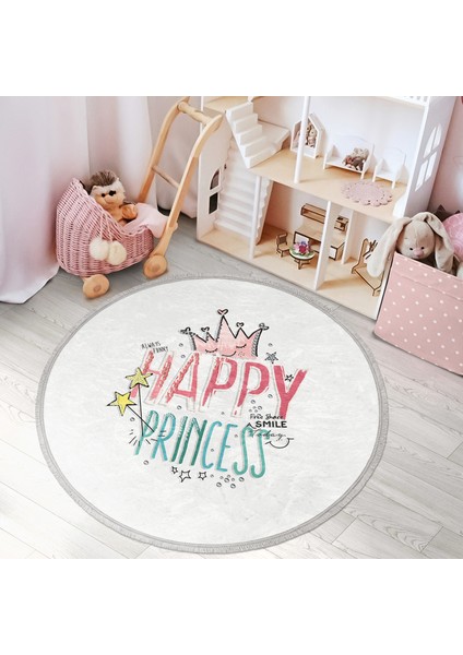 Happy Princess Yazı Desenli Çocuk & Genç Odası Makinede Yıkanabilir Kaymaz Tabanlı Püsküllü Yuvarlak Çocuk Halısı