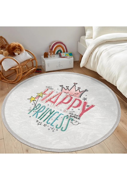 Happy Princess Yazı Desenli Çocuk & Genç Odası Makinede Yıkanabilir Kaymaz Tabanlı Püsküllü Yuvarlak Çocuk Halısı fiyatları