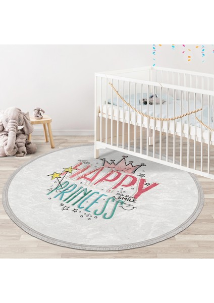 Happy Princess Yazı Desenli Çocuk & Genç Odası Makinede Yıkanabilir Kaymaz Tabanlı Püsküllü Yuvarlak Çocuk Halısı modelleri