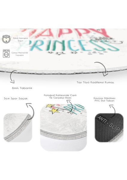 Happy Princess Yazı Desenli Çocuk & Genç Odası Makinede Yıkanabilir Kaymaz Tabanlı Püsküllü Yuvarlak Çocuk Halısı fırsatları