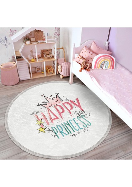 Happy Princess Yazı Desenli Çocuk & Genç Odası Makinede Yıkanabilir Kaymaz Tabanlı Püsküllü Yuvarlak Çocuk Halısı indirimleri