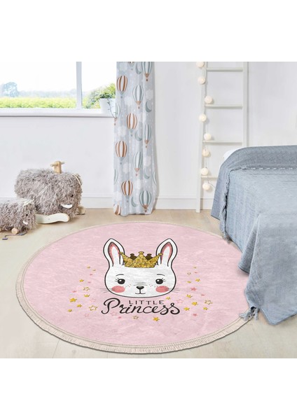 Pembe Zeminli Little Princess Desenli Çocuk & Genç Odası Makinede Yıkanabilir Kaymaz Tabanlı Püsküllü Yuvarlak Çocuk Halısı