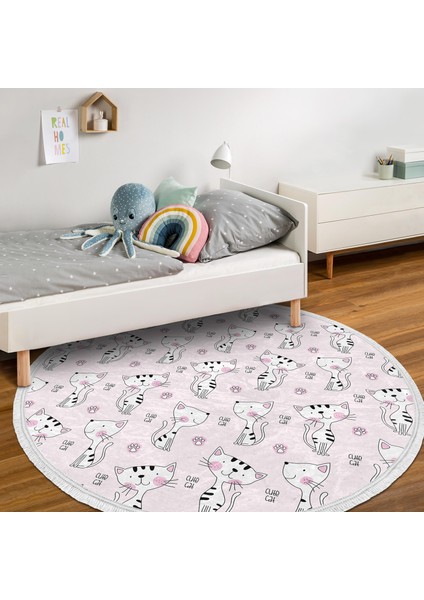 Kedi Desenli Çocuk & Genç Odası Makinede Yıkanabilir Kaymaz Tabanlı Püsküllü Yuvarlak Çocuk Halısı fiyatları