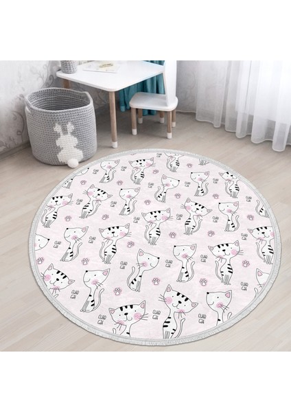 Kedi Desenli Çocuk & Genç Odası Makinede Yıkanabilir Kaymaz Tabanlı Püsküllü Yuvarlak Çocuk Halısı indirimleri