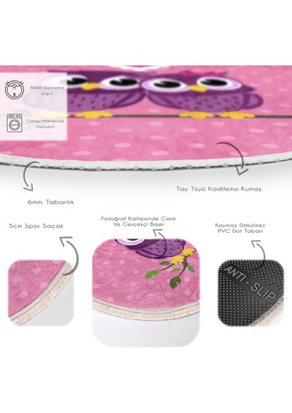 Baykuş Desenli Çocuk & Genç Odası Makinede Yıkanabilir Kaymaz Tabanlı Püsküllü Yuvarlak Çocuk Halısı