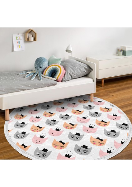 Sevimli Kedi Motifli Çocuk & Genç Odası Makinede Yıkanabilir Kaymaz Tabanlı Püsküllü Yuvarlak Çocuk Halısı