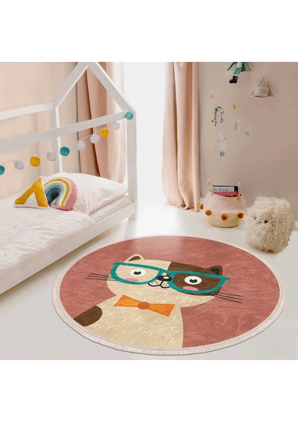Renkli Kedi Çocuk & Genç Odası Makinede Yıkanabilir Kaymaz Tabanlı Püsküllü Yuvarlak Çocuk Halısı