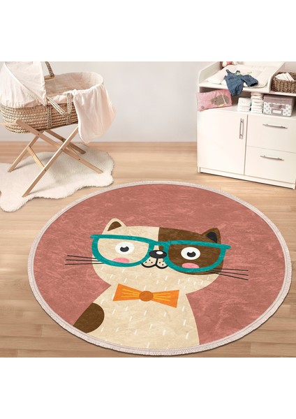Renkli Kedi Çocuk & Genç Odası Makinede Yıkanabilir Kaymaz Tabanlı Püsküllü Yuvarlak Çocuk Halısı modelleri