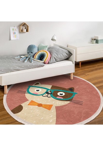 Renkli Kedi Çocuk & Genç Odası Makinede Yıkanabilir Kaymaz Tabanlı Püsküllü Yuvarlak Çocuk Halısı indirimleri