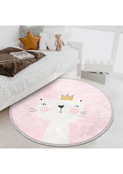 Pembe Zeminde Hello Kedicik Çocuk & Genç Odası Makinede Yıkanabilir Kaymaz Tabanlı Püsküllü Yuvarlak Çocuk Halısı