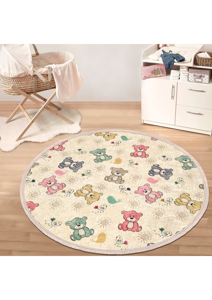 Sevimli Rengarenk Ayıcık Motifli Çocuk & Genç Odası Makinede Yıkanabilir Kaymaz Tabanlı Püsküllü Yuvarlak Çocuk Halısı