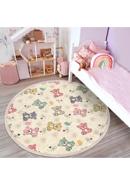 Sevimli Rengarenk Ayıcık Motifli Çocuk & Genç Odası Makinede Yıkanabilir Kaymaz Tabanlı Püsküllü Yuvarlak Çocuk Halısı fiyatları
