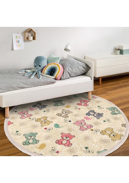 Sevimli Rengarenk Ayıcık Motifli Çocuk & Genç Odası Makinede Yıkanabilir Kaymaz Tabanlı Püsküllü Yuvarlak Çocuk Halısı modelleri