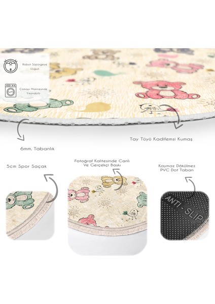 Sevimli Rengarenk Ayıcık Motifli Çocuk & Genç Odası Makinede Yıkanabilir Kaymaz Tabanlı Püsküllü Yuvarlak Çocuk Halısı fırsatları