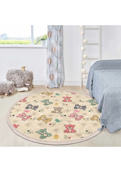 Sevimli Rengarenk Ayıcık Motifli Çocuk & Genç Odası Makinede Yıkanabilir Kaymaz Tabanlı Püsküllü Yuvarlak Çocuk Halısı indirimleri