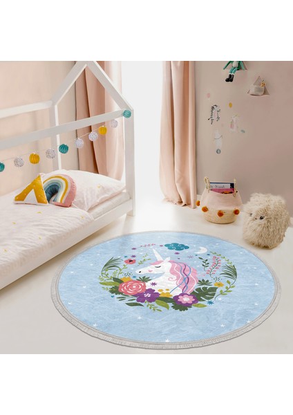 Mavi Zeminde Unicorn At Desenli Çocuk & Genç Odası Makinede Yıkanabilir Kaymaz Tabanlı Püsküllü Yuvarlak Çocuk Halısı