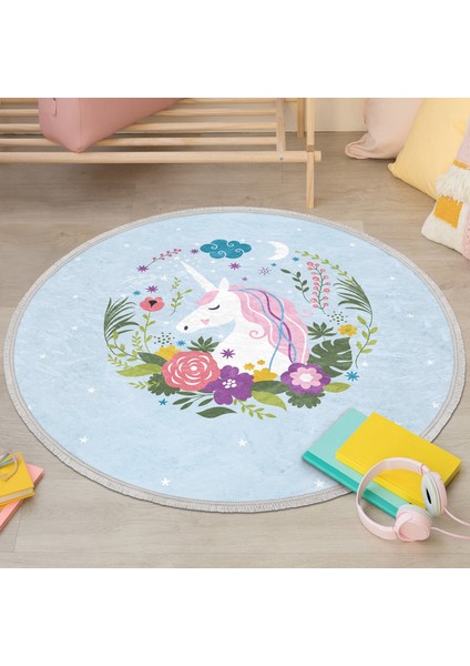Mavi Zeminde Unicorn At Desenli Çocuk & Genç Odası Makinede Yıkanabilir Kaymaz Tabanlı Püsküllü Yuvarlak Çocuk Halısı fiyatları