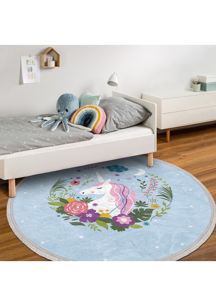Mavi Zeminde Unicorn At Desenli Çocuk & Genç Odası Makinede Yıkanabilir Kaymaz Tabanlı Püsküllü Yuvarlak Çocuk Halısı modelleri