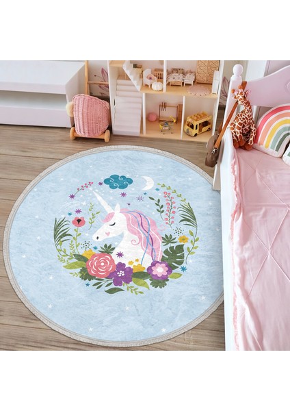 Mavi Zeminde Unicorn At Desenli Çocuk & Genç Odası Makinede Yıkanabilir Kaymaz Tabanlı Püsküllü Yuvarlak Çocuk Halısı indirimleri