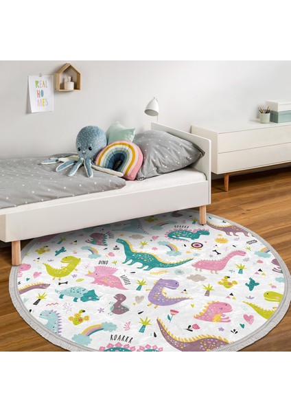 Renkli Sevimli Dinozorlar Çizimli Çocuk & Genç Odası Makinede Yıkanabilir Kaymaz Tabanlı Püsküllü Yuvarlak Çocuk Halısı fiyatları