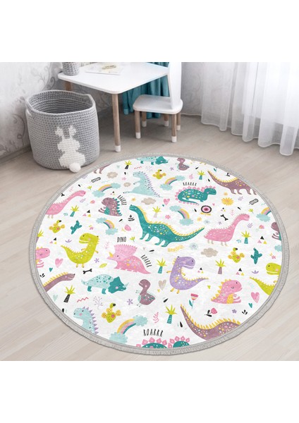 Renkli Sevimli Dinozorlar Çizimli Çocuk & Genç Odası Makinede Yıkanabilir Kaymaz Tabanlı Püsküllü Yuvarlak Çocuk Halısı