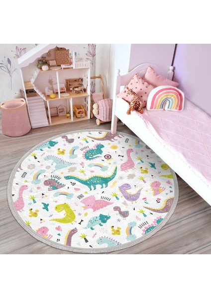 Renkli Sevimli Dinozorlar Çizimli Çocuk & Genç Odası Makinede Yıkanabilir Kaymaz Tabanlı Püsküllü Yuvarlak Çocuk Halısı modelleri