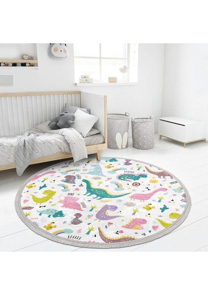 Renkli Sevimli Dinozorlar Çizimli Çocuk & Genç Odası Makinede Yıkanabilir Kaymaz Tabanlı Püsküllü Yuvarlak Çocuk Halısı indirimleri