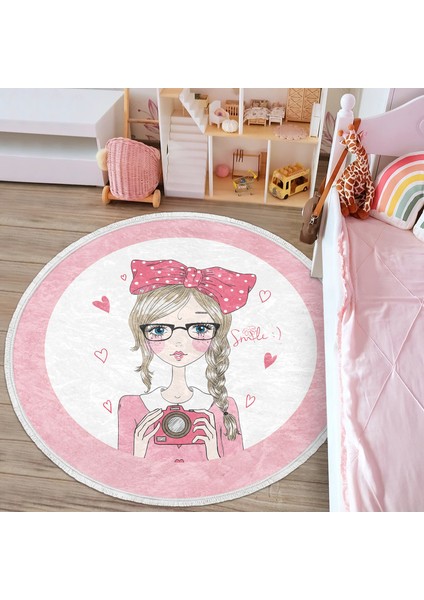 Fashion Girl Çocuk & Genç Odası Makinede Yıkanabilir Kaymaz Tabanlı Püsküllü Yuvarlak Çocuk Halısı