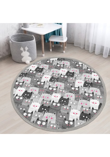 Sevimli Kedi Motifli Çocuk & Genç Odası Makinede Yıkanabilir Kaymaz Tabanlı Püsküllü Yuvarlak Çocuk Halısı fiyatları