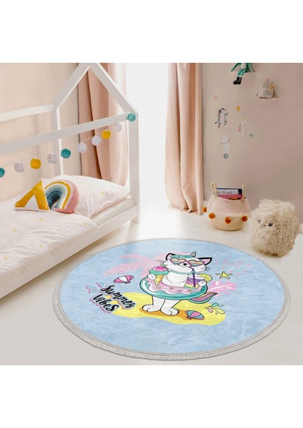 Yaz Temalı Unicorn Kedi Tasarımlı Çocuk & Genç Odası Makinede Yıkanabilir Kaymaz Tabanlı Püsküllü Yuvarlak Çocuk Halısı