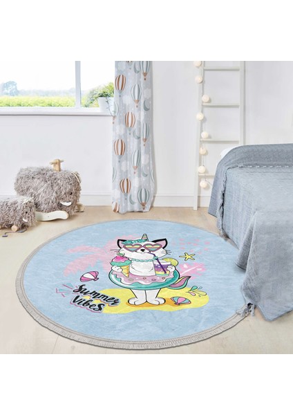 Yaz Temalı Unicorn Kedi Tasarımlı Çocuk & Genç Odası Makinede Yıkanabilir Kaymaz Tabanlı Püsküllü Yuvarlak Çocuk Halısı