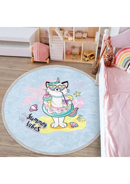 Yaz Temalı Unicorn Kedi Tasarımlı Çocuk & Genç Odası Makinede Yıkanabilir Kaymaz Tabanlı Püsküllü Yuvarlak Çocuk Halısı