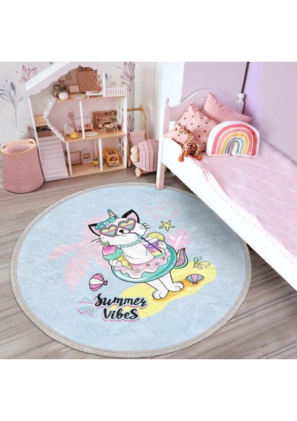 Yaz Temalı Unicorn Kedi Tasarımlı Çocuk & Genç Odası Makinede Yıkanabilir Kaymaz Tabanlı Püsküllü Yuvarlak Çocuk Halısı