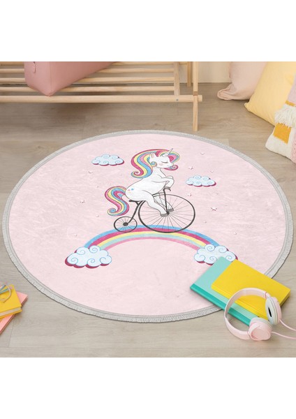Bisiklete Binmiş Unicorn Desenli Çocuk & Genç Odası Makinede Yıkanabilir Kaymaz Tabanlı Püsküllü Yuvarlak Çocuk Halısı modelleri