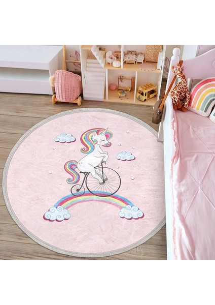 Bisiklete Binmiş Unicorn Desenli Çocuk & Genç Odası Makinede Yıkanabilir Kaymaz Tabanlı Püsküllü Yuvarlak Çocuk Halısı indirimleri