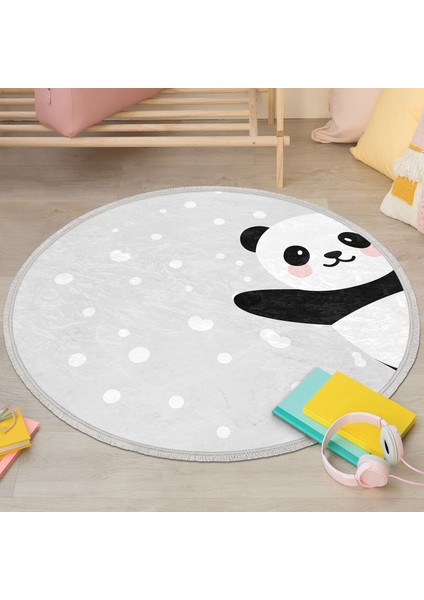 Gri Zeminde Panda Temalı Çocuk & Genç Odası Makinede Yıkanabilir Kaymaz Tabanlı Püsküllü Yuvarlak Çocuk Halısı