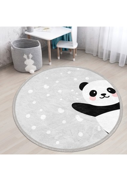 Gri Zeminde Panda Temalı Çocuk & Genç Odası Makinede Yıkanabilir Kaymaz Tabanlı Püsküllü Yuvarlak Çocuk Halısı
