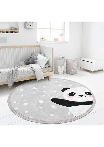 Gri Zeminde Panda Temalı Çocuk & Genç Odası Makinede Yıkanabilir Kaymaz Tabanlı Püsküllü Yuvarlak Çocuk Halısı