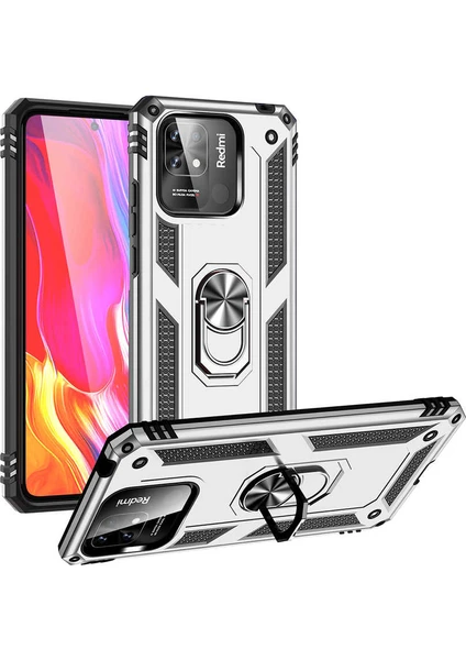 Case 4U Xiaomi Poco C40 Kılıf Çift Katmanlı Yüzüklü Manyetik Vega Kapak Gümüş