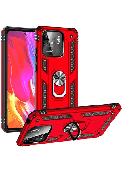 Case 4U Xiaomi Poco C40 Kılıf Çift Katmanlı Yüzüklü Manyetik Vega Kapak Kırmızı