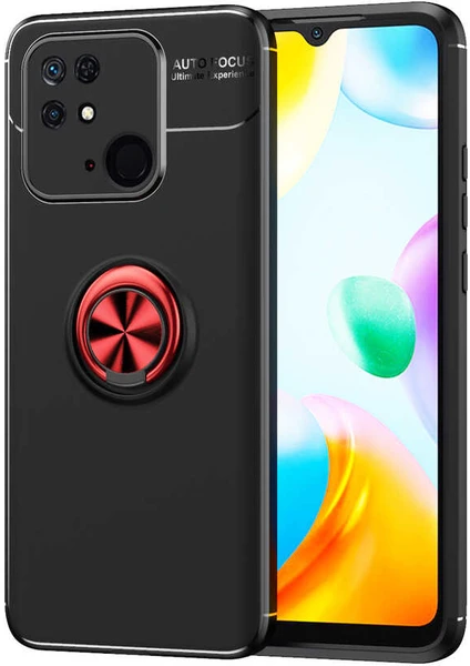 Case 4U Poco C40 Kılıf Autofocus Shockprof Ravel Yüzüklü Standlı Slikon Kapak Siyah - Kırmızı