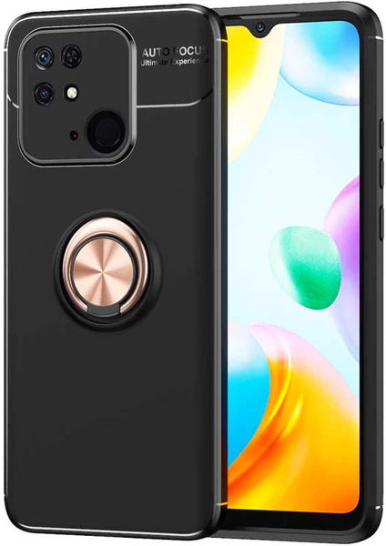 Case 4U Poco C40 Kılıf Autofocus Shockprof Ravel Yüzüklü Standlı Slikon Kapak Siyah - Rose Gold